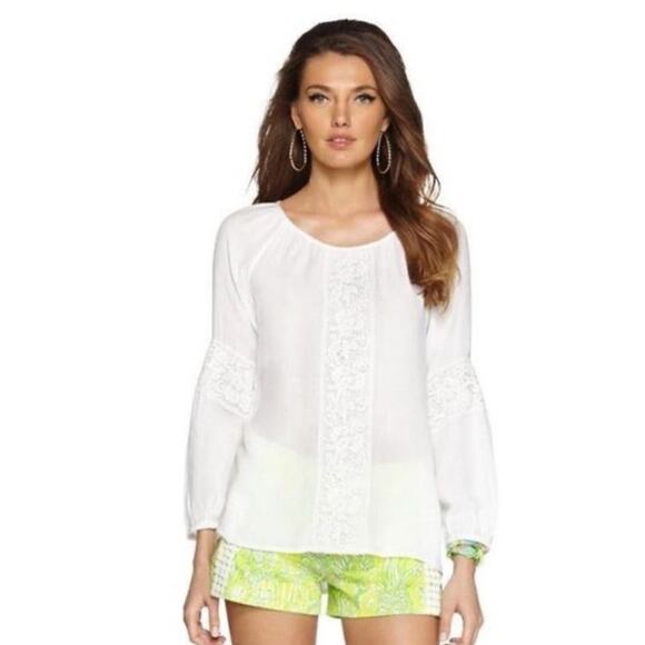 Lilly Pulitzer Briony White Resort Lace Trim Long Sleeve Lightweight Blouse XL - Picture 1 of 9